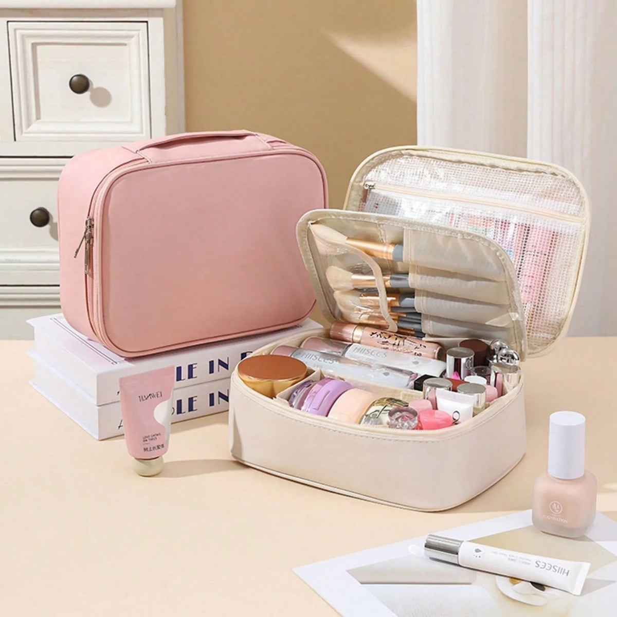 2026 New Waterproof PU Leather Travel Makeup Bag, Portable Flat‑Opening Cosmetic Toiletry Pouch with Handle and Inner Divider, Ideal Holiday Gift for Halloween Thanksgiving Christmas