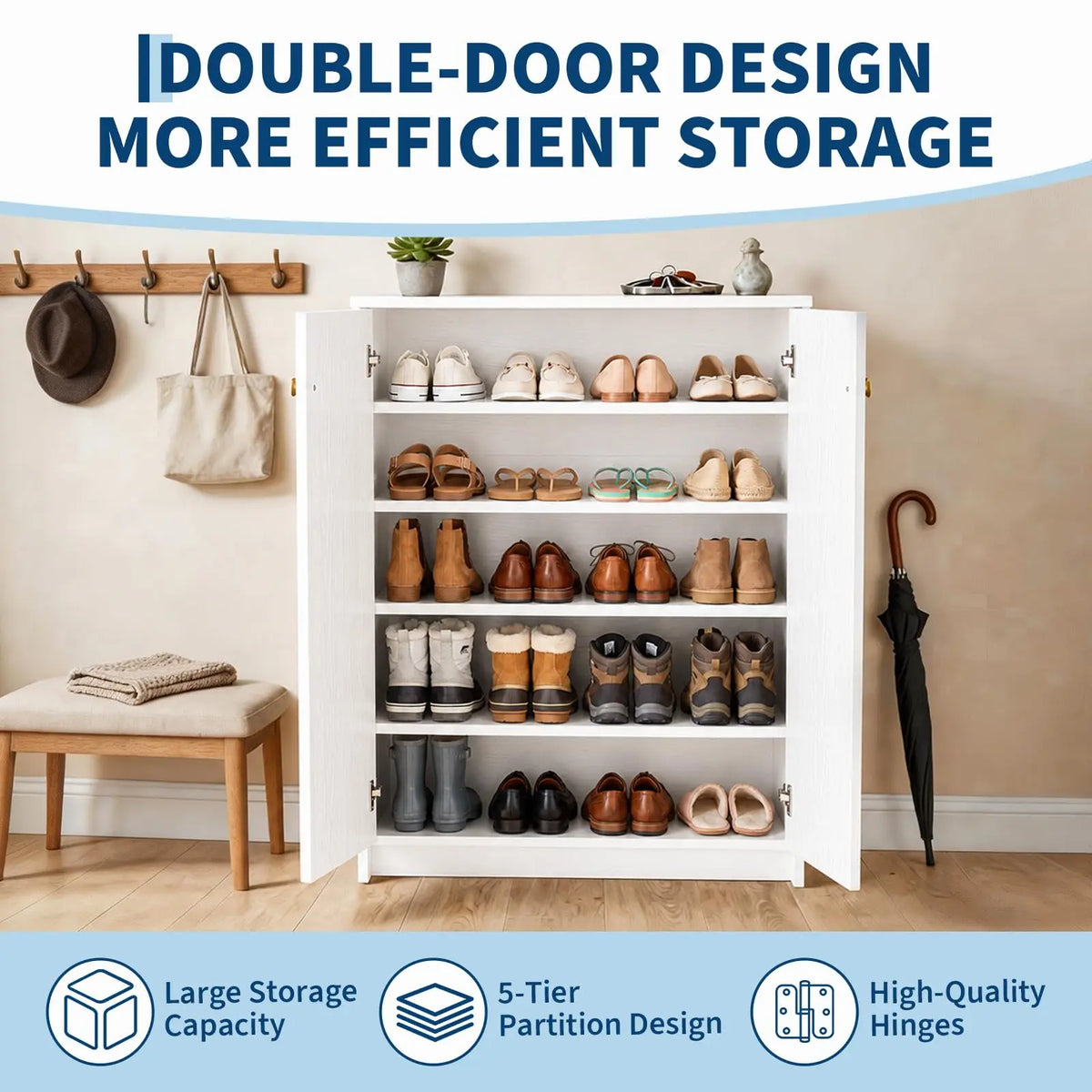 White Shoe Cabinet With Double Doors, Slim 5 Tier Freestanding Shoe Storage Organizer With Waterproof Surface For Entryway Hallway