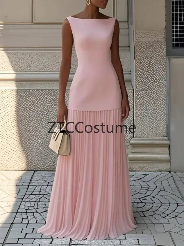 Cosplay Sexy Hollow Knit Dress Women Elegant Long Sleeveless Tank Dress Solid Splice Pleated Boho Slim Slash Neck Female Set