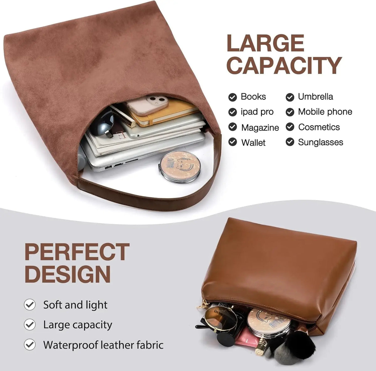 Suede Tote Bag for Woman Vintage Large Capacity with Zippered Cosmetic Organizer, Slochy Hobo Tote Bag, Underarm Bag