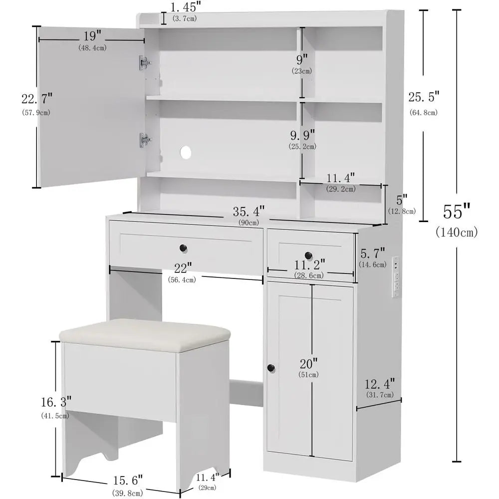 Vanity Table with Hidden Storage & LED Mirror - Includes Padded Stool, 5 Comparents, 2 Ders & 1 Storage Cabinet - Ideal Bedroom