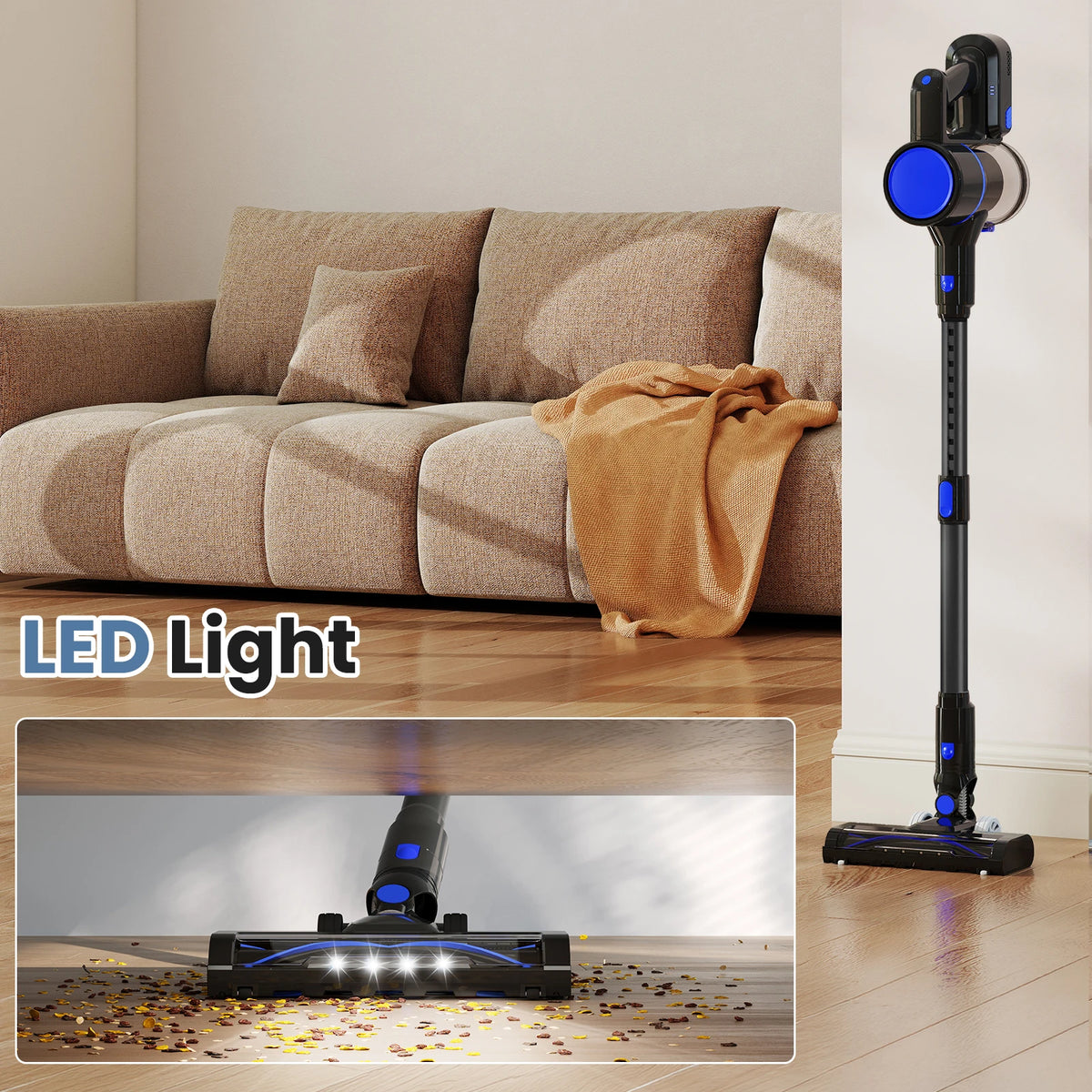 JHK Cordless Vacuum Cleaner with Flexible Steering Extendable Pole 3 Brush Heads Lightweight Wireless Rechargeable Upright Vacuum with LED Light Wall Mount for Hardwood Floors Carpet
