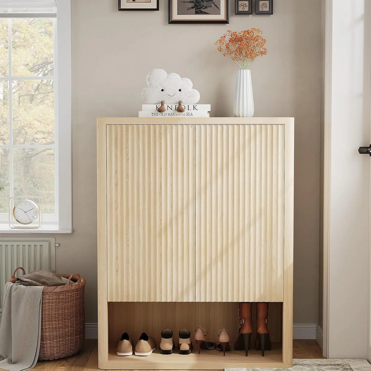 44.5 in Tall Fluted Shoe Cabinet with Doors, Large Wooden Shoe Storage Cabinet with Adjustable Shelves, Mid Century Free Standing 6-Tier Cabinet for Entryway Hallway Living Room Closet