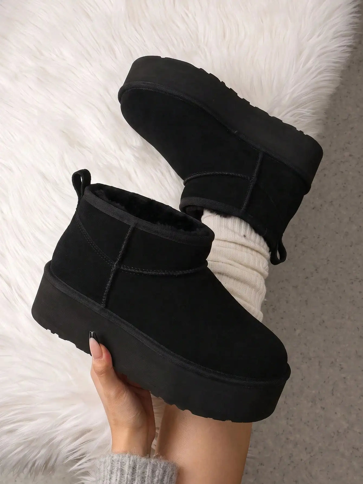 Women Furry Ankle Boots Genuine Leather 1.96-Inch Platform Winter Snow Boots Soft Suede Outdoor Street Commute Cozy Warm Fashion Boots Shoes