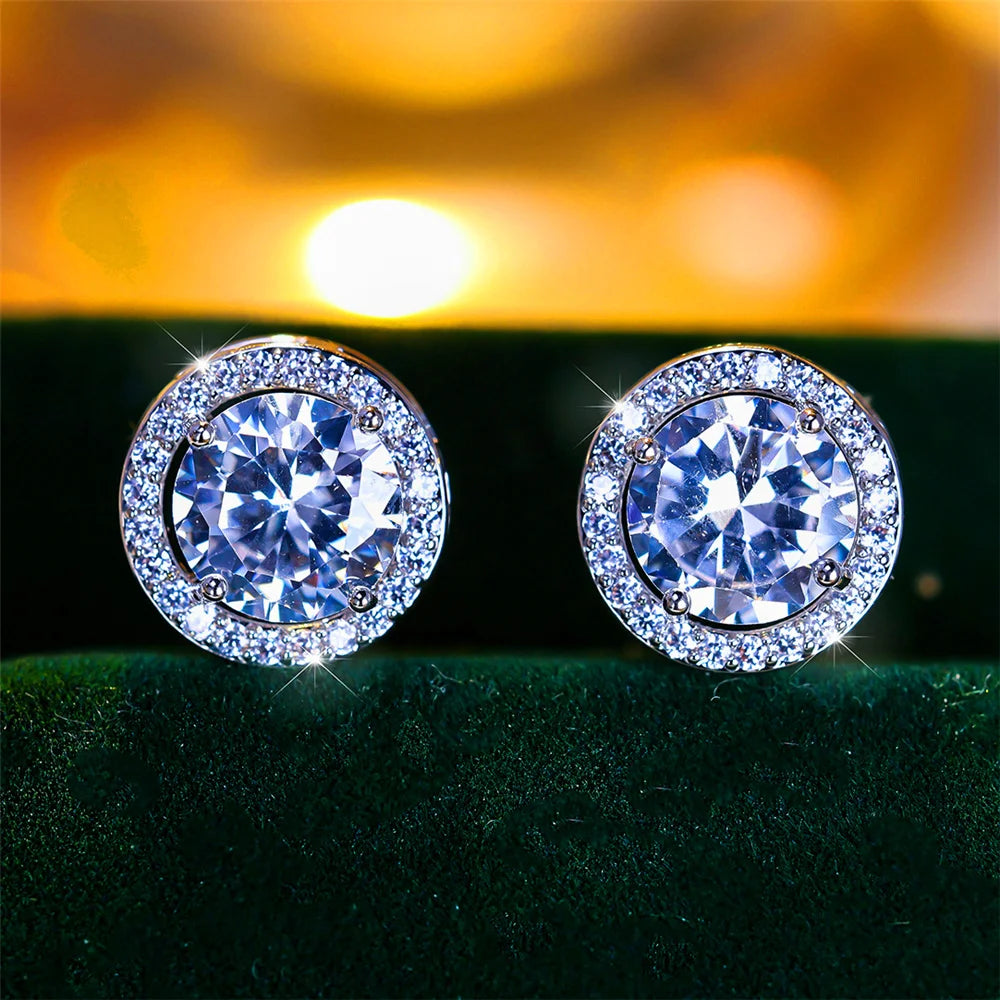 Luxury Female Crystal Purple Blue Green Round Stud Earrings Silver Color Wedding Jewelry For Women