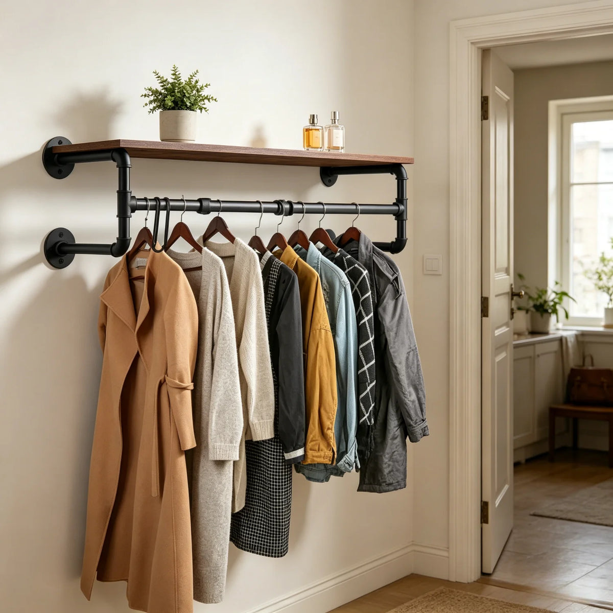100cm Metal Pipe Clothes Rail Wall Mounted Garment Hanging Rack Wardorbe with Wood Shelf Space Saving for Bedroom Closet Rack