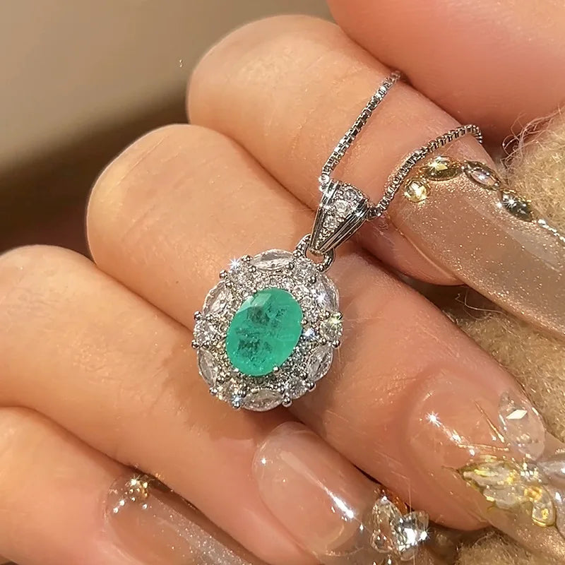 Luxury Emerald Oval Jewelry Adjustable Ring Pendant Necklace Halo Earrings Sparkling Women's Fine Jewelry for Wedding Party Gift