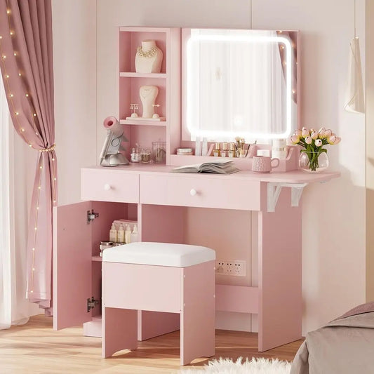 IRONCK Vanity Desk with Charging Station or Bedroom and Dring Room | LED Lights, Ders, Mirror, Storage, Der space