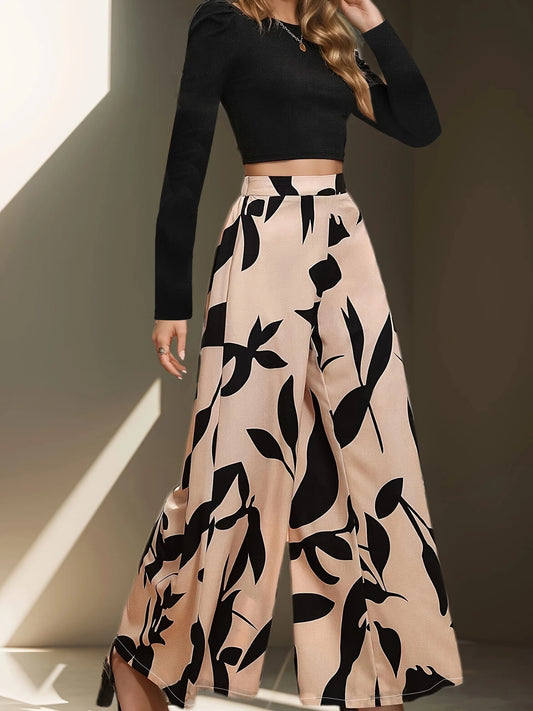 Women's High Waist Floral Print Wide-Leg Pants Loose Casual Long Pants Elegant Office Streetwear
