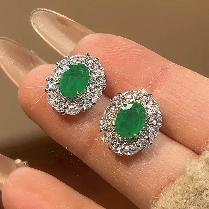 Luxury Emerald Oval Jewelry Adjustable Ring Pendant Necklace Halo Earrings Sparkling Women's Fine Jewelry for Wedding Party Gift