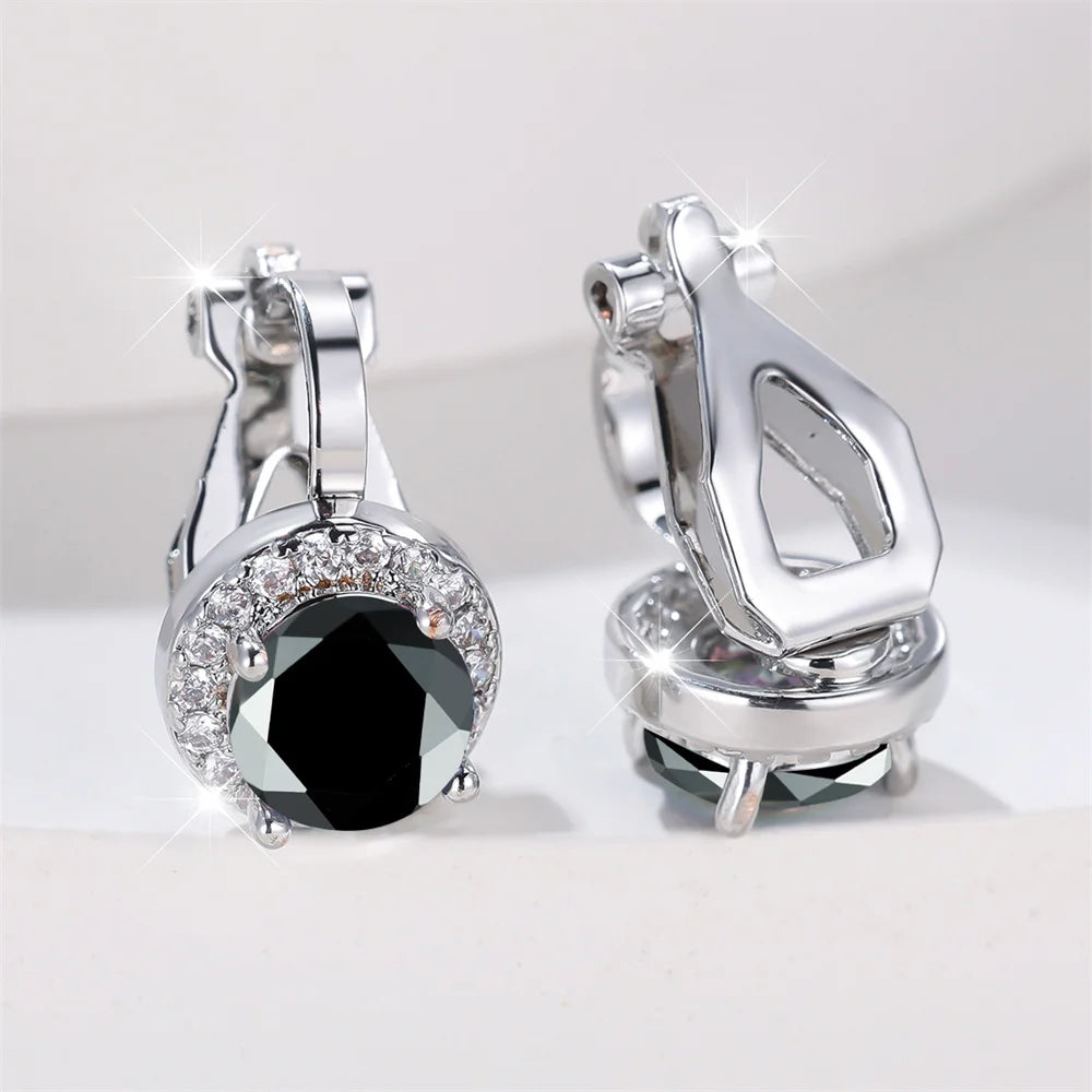 Mystic Rainbow Crystal Round Stone Clip Earrings For Women Rose Gold Silver Color Multicolor Zircon Jewelry Simple Fashion Gifts