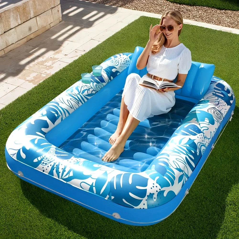 JOYFY 4 in 1 Suntan Tub Raft Floatie Inflatable Tanning Pool  70" x 46" Pool Floats Adult with Pillow for Water Party Gifts