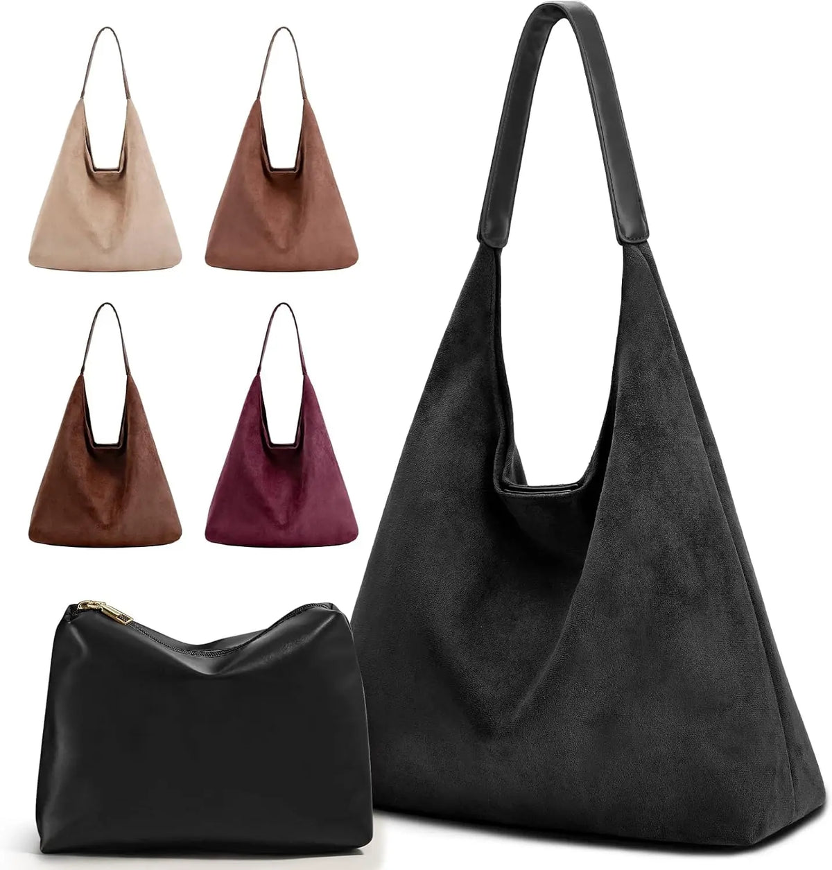 Suede Tote Bag for Woman Vintage Large Capacity with Zippered Cosmetic Organizer, Slochy Hobo Tote Bag, Underarm Bag