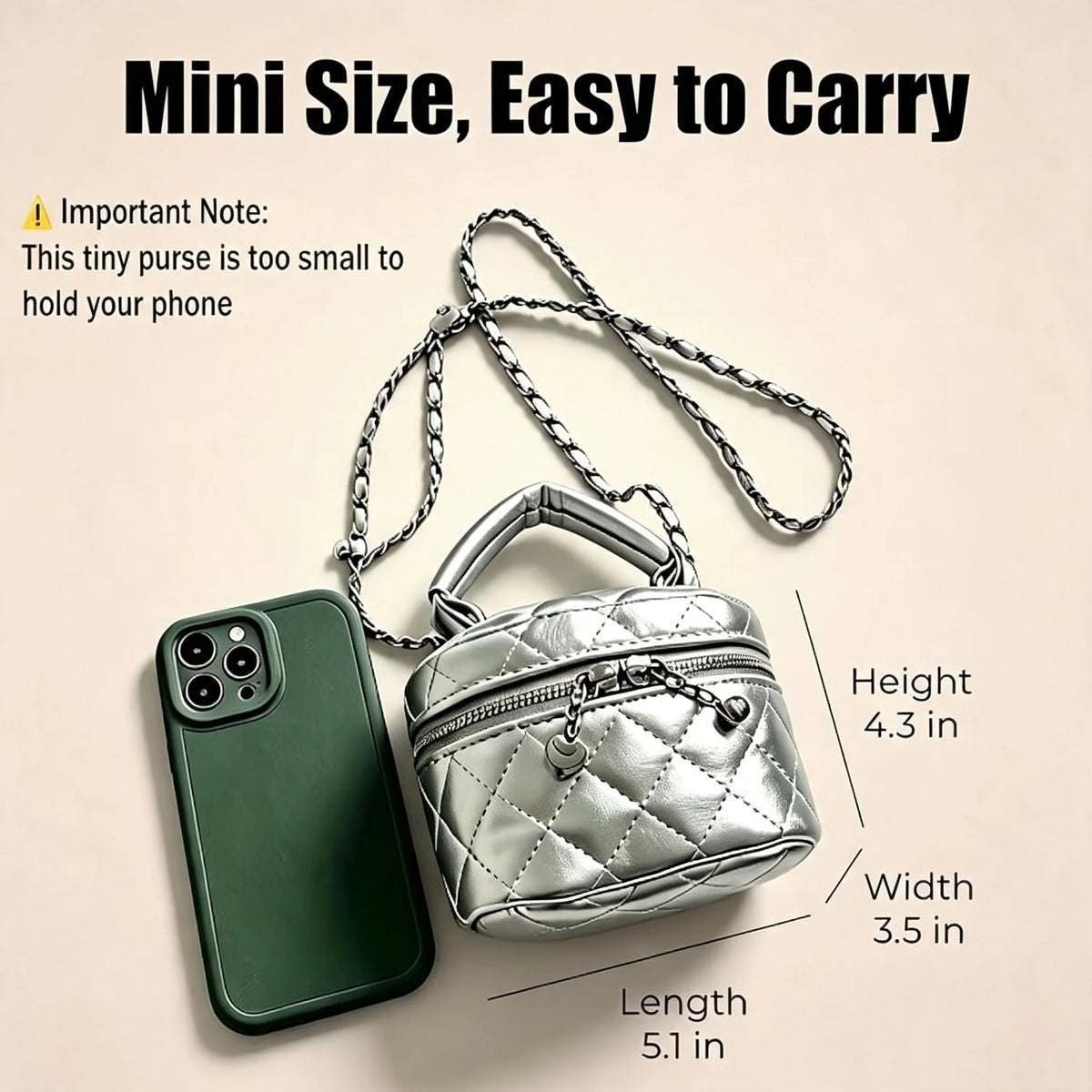 Mini Box Crossbody Bag, Silver Quilted Metallic Purse with Chain Strap, Top Handle & Heart Charm, Women's Evening Clutch