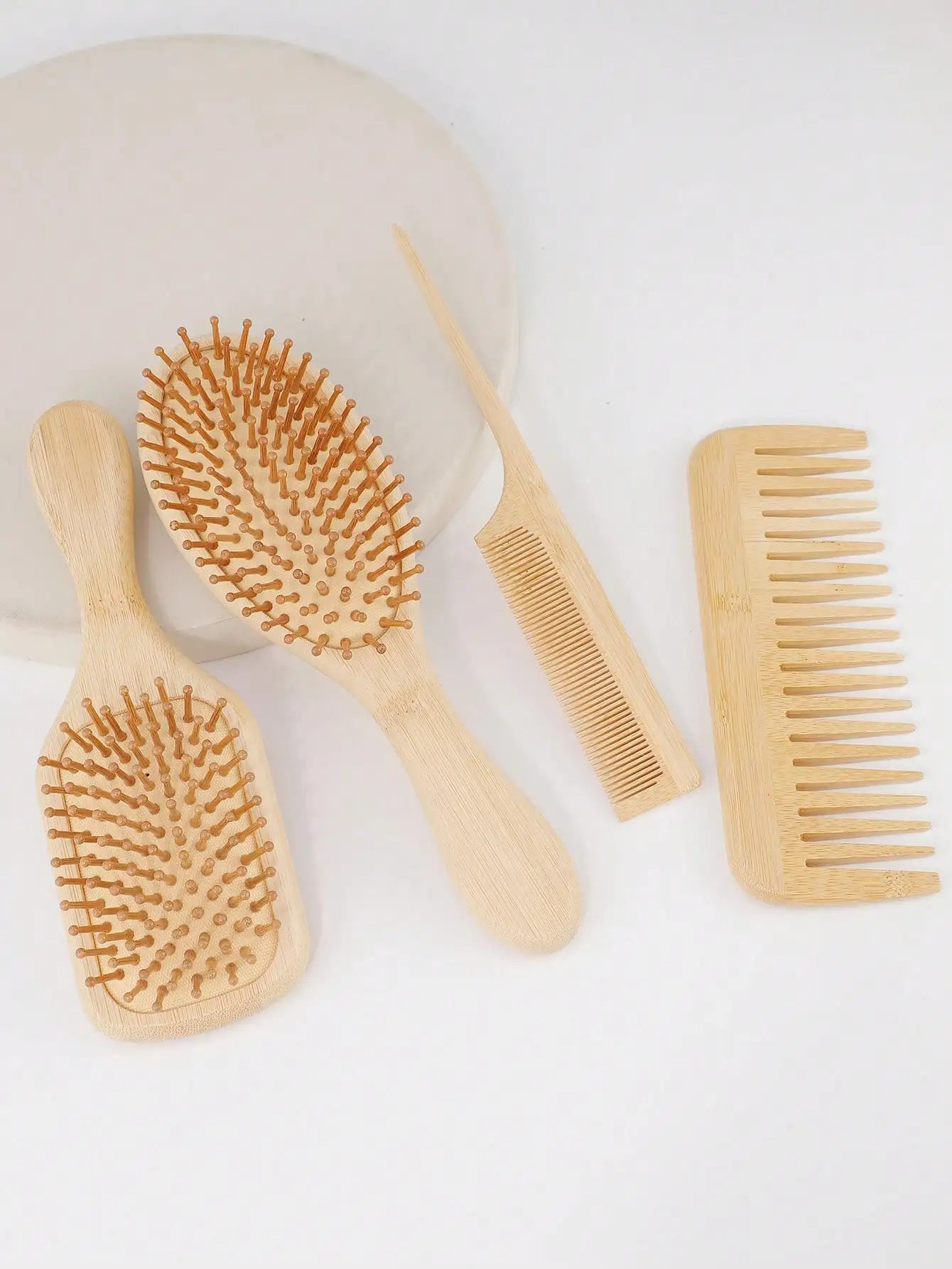 4-Piece Bamboo Hairbrush and Comb Set—Natural Wood & Bamboo Hairbrushes, Promotes Hair Growth, Suitable for All Hair Types