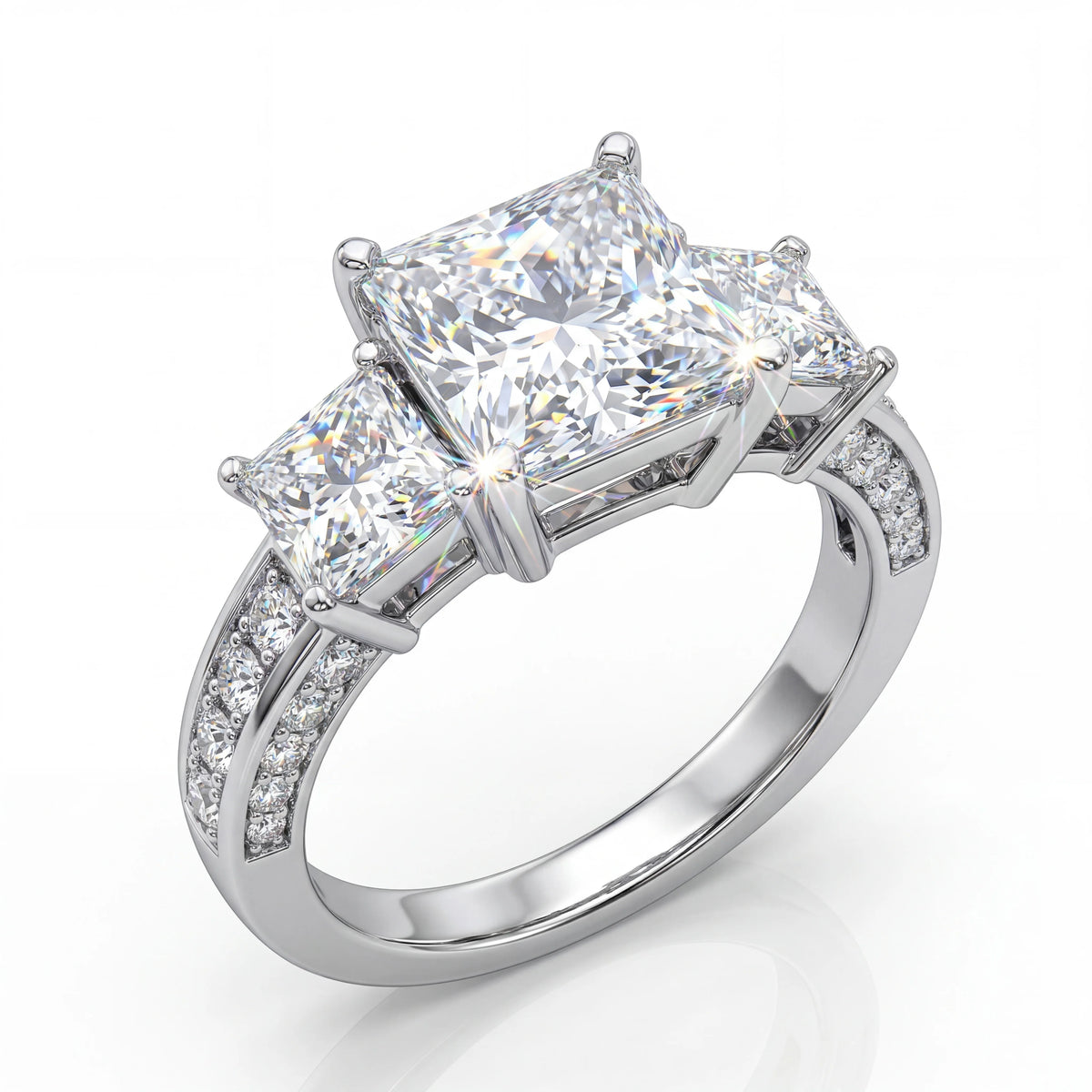 Princess Cut Three Stone Moissanite Ring, S925 Silver, D Color VVS1, 3ct, Hip Hop, Unisex, Passes Diamond Tester