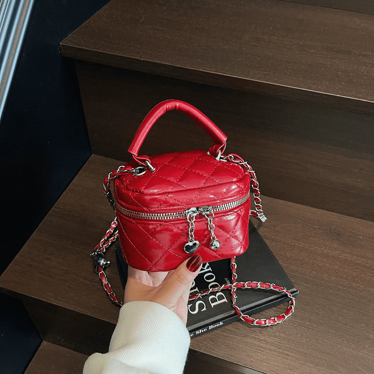 Mini Box Crossbody Bag, Silver Quilted Metallic Purse with Chain Strap, Top Handle & Heart Charm, Women's Evening Clutch