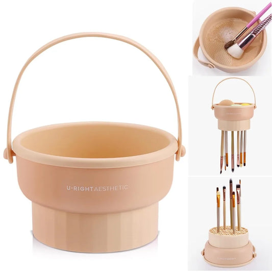 3 in 1 Silicone Makeup Brush Cleaner Mat with Washing Bowl Cosmetic Brushes Cleaning Tool Organizer for Storage and Drying Rack Khaki Color