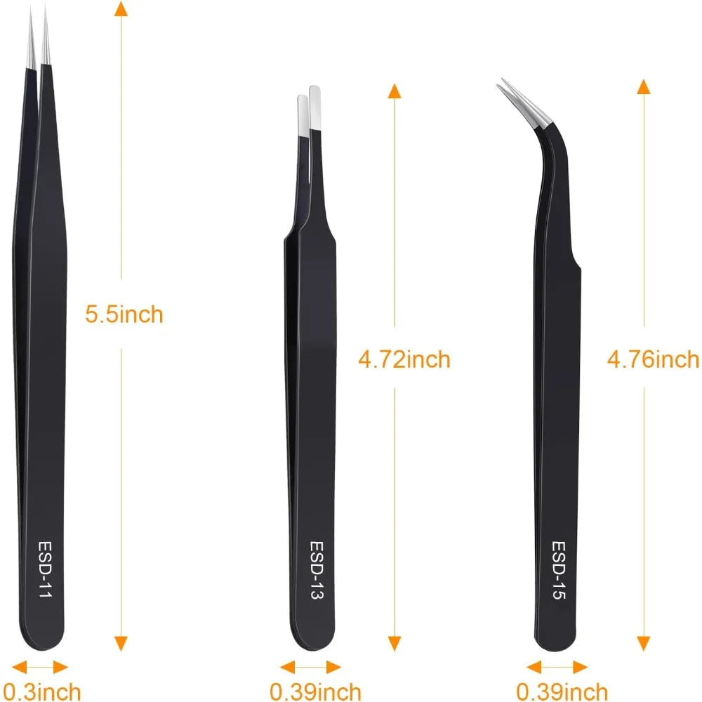 Professional Anti Static Tweezers Set of 3 Stainless Steel Precision Tools for Electronics Repair Soldering Jewelry Making Lab and Craft Projects