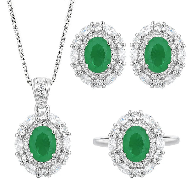 Luxury Emerald Oval Jewelry Adjustable Ring Pendant Necklace Halo Earrings Sparkling Women's Fine Jewelry for Wedding Party Gift