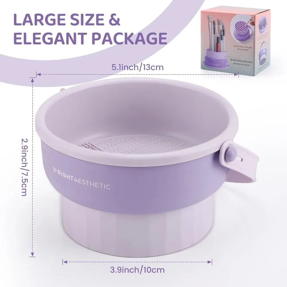 3 in 1 Silicone Makeup Brush Cleaner Mat with Washing Bowl Cosmetic Brushes Cleaning Tool Organizer for Storage and Drying Rack Khaki Color