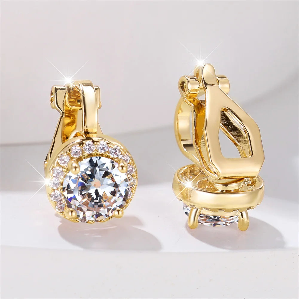 Mystic Rainbow Crystal Round Stone Clip Earrings For Women Rose Gold Silver Color Multicolor Zircon Jewelry Simple Fashion Gifts