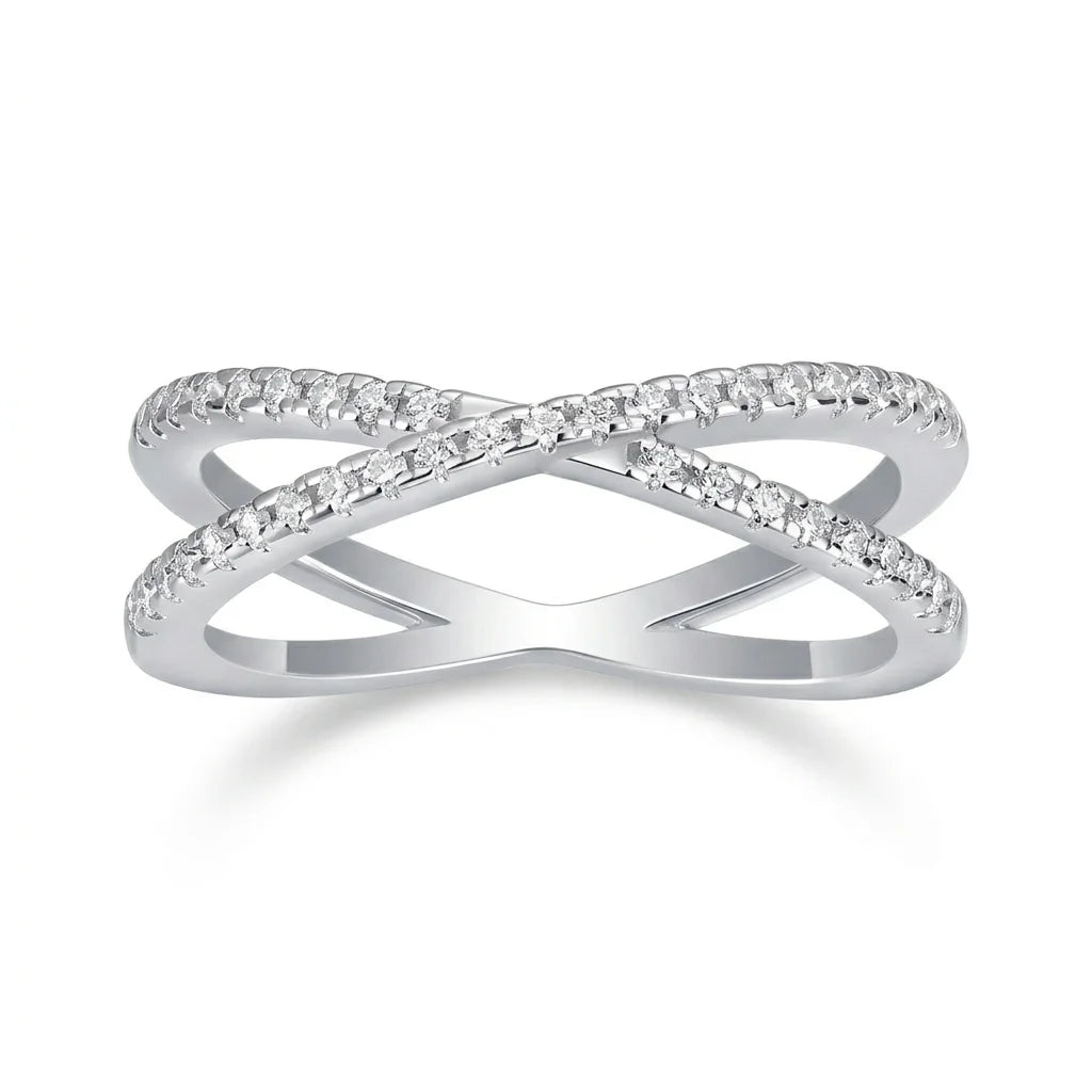 Moissanite Ring, 925 Sterling Silver, D Color VVS1, X-Shape Crossover Design, Unisex Stackable, Couple Ring, Certificate Quality,Luxury Sparkling Anniversary Fine Jewelry Gifts for Wife Women Girls Friends