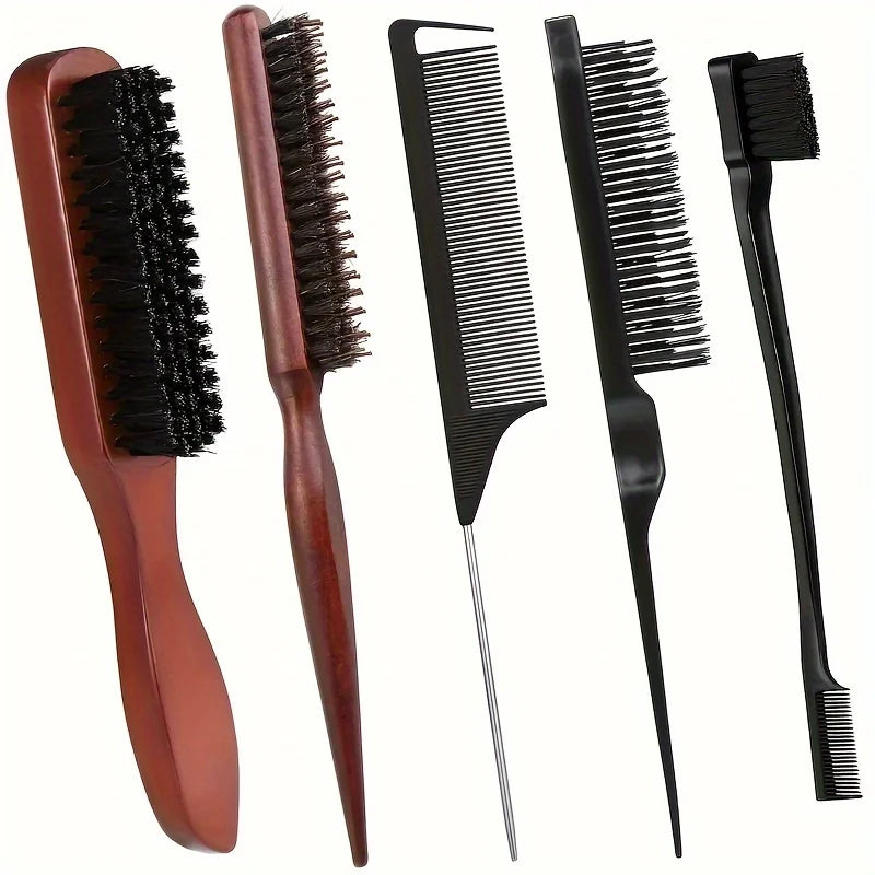4pcs/5pcs Boar Bristle Hair Brush & Comb Set-Unisex Edge Control Styling Kit for Slick Back Teasing Smoothing-Curly &Normal Hair
