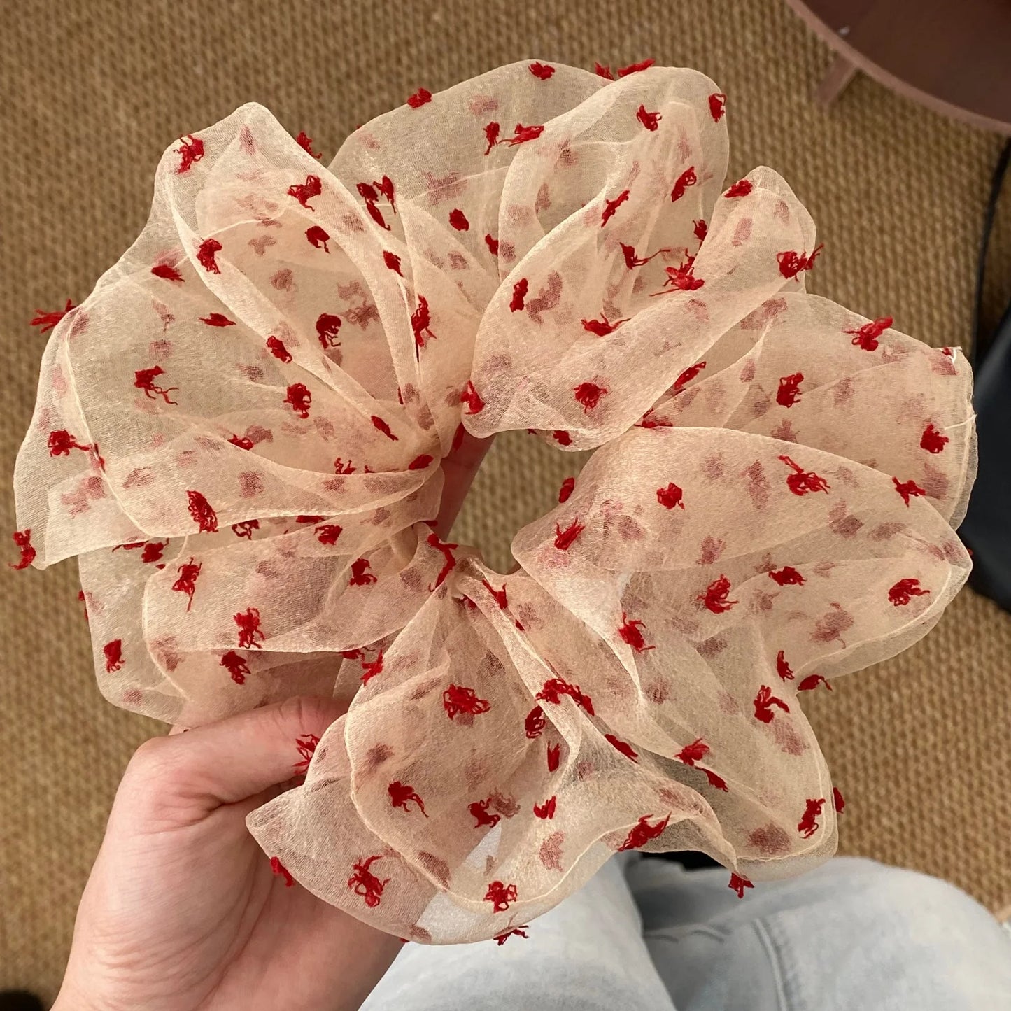 1PC Summer Red Polka Dot Tulle Scrunchie, Korean Large Hair Tie For Girls Ponytail Daily Casual Styling