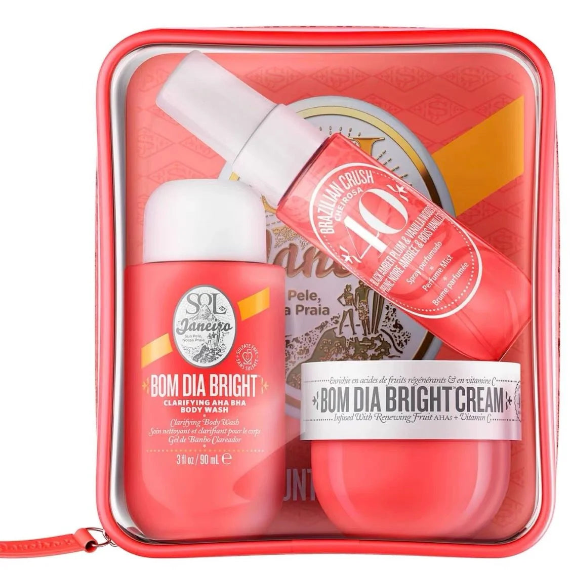 Sol de Janeiro Bom Dia Bright 3-Piece Body Care Gift Set - Bright Cream, AHA BHA Wash & Cheirosa 40 Mist with Red Pouch