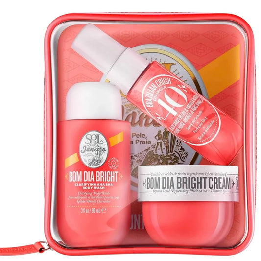 Sol de Janeiro Bom Dia Bright 3-Piece Body Care Gift Set - Bright Cream, AHA BHA Wash & Cheirosa 40 Mist with Red Pouch