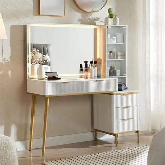 T4TREAM luted Makeup Vanity Desk with 36" HD Lighted Mirror, 48" Big ern Vanity Desk with Mirror and Lights, Dring Table with 5
