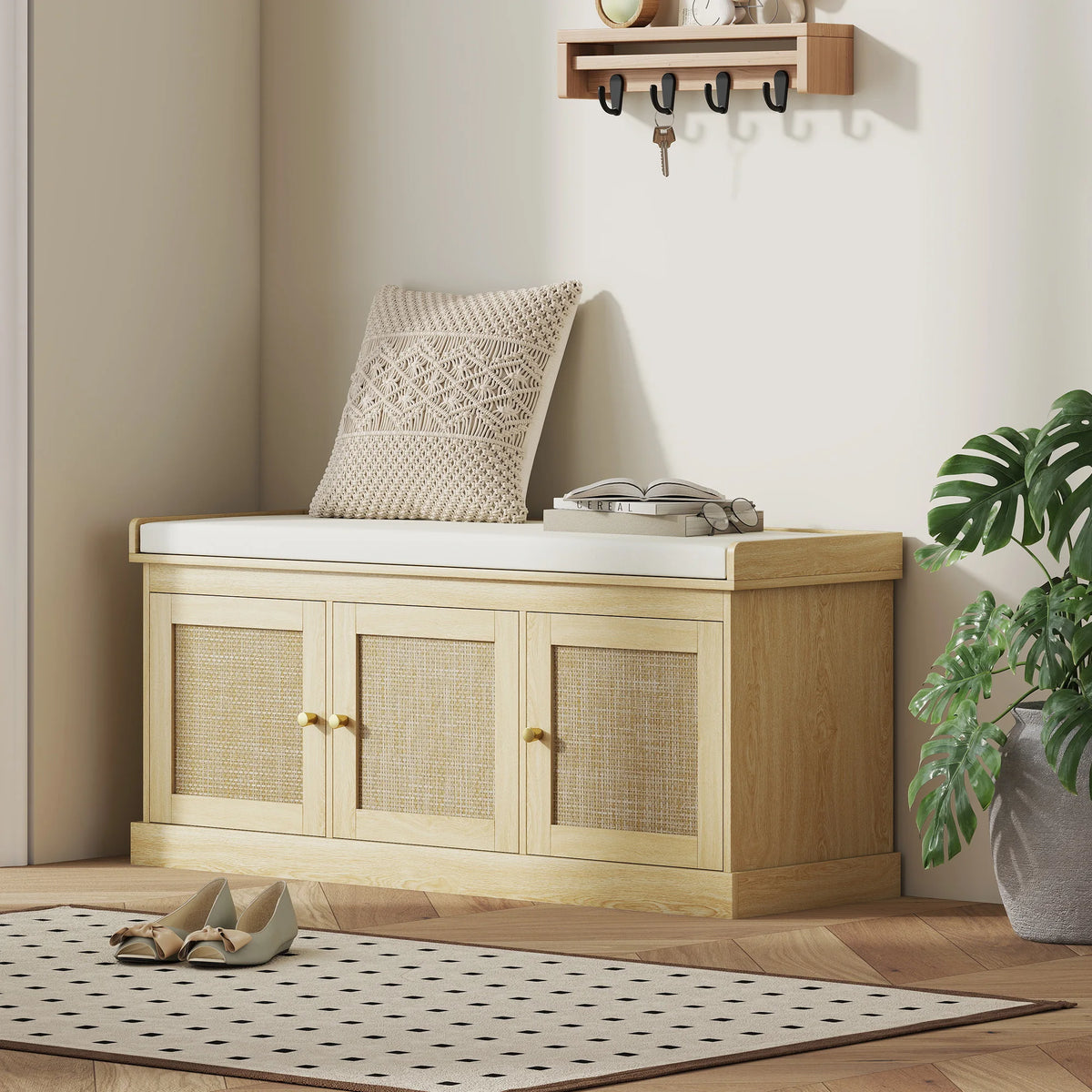 HOMCOM Shoe Bench with Woven Rattan Doors, Shoe Storage Bench with Cushion, Adjustable Shelves for 9 Pairs, Boho Style Entryway Bench for Bedroom, Living Room, 13.8 x 41.3 x 18.5 Inches, Oak Tone