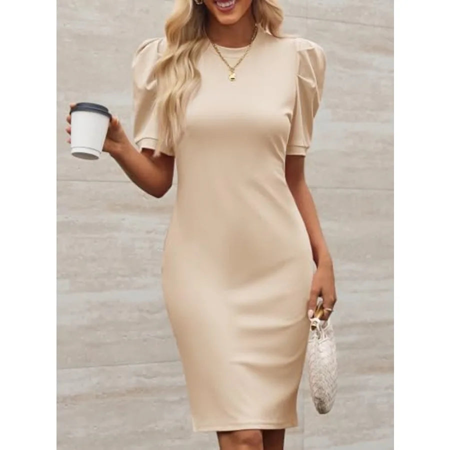 Cicy Bell Women's Puff Sleeve Bodycon Work Dresses Crew Neck Business Casual Office Pencil Dress