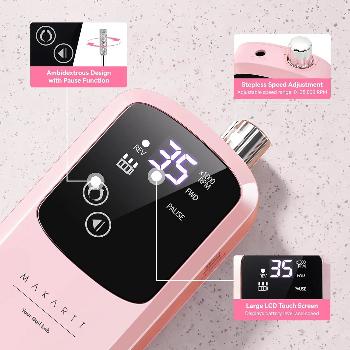 Makartt Rechargeable Electric Nail Drill 35000 RPM with Storage Stand Acrylic Gel Polishing Removing LED Display Cordless Efile
