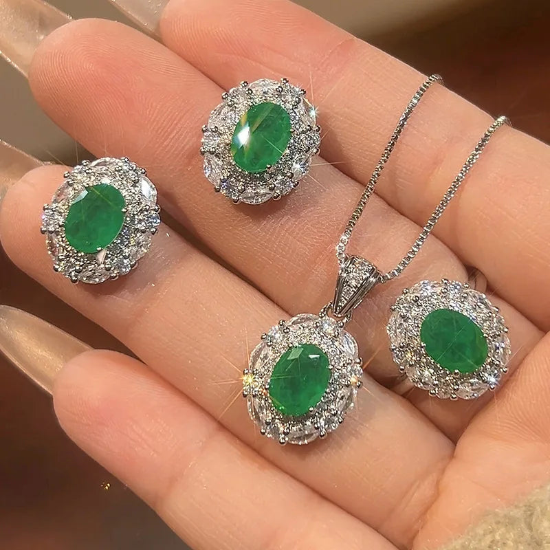 Luxury Emerald Oval Jewelry Adjustable Ring Pendant Necklace Halo Earrings Sparkling Women's Fine Jewelry for Wedding Party Gift