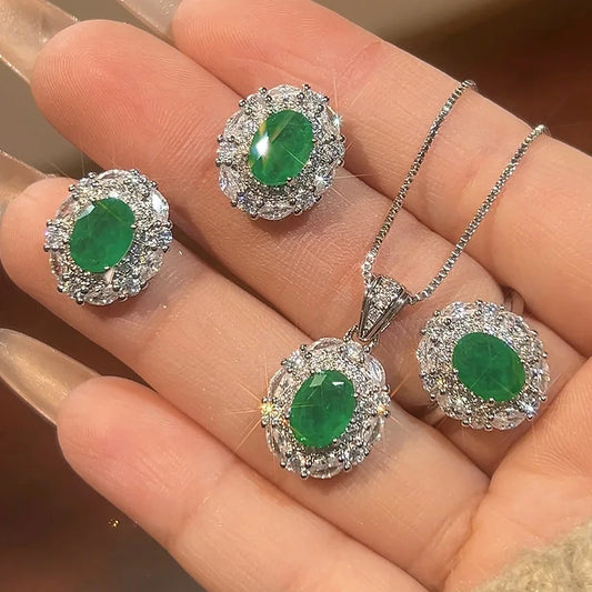 Luxury Emerald Oval Jewelry Adjustable Ring Pendant Necklace Halo Earrings Sparkling Women's Fine Jewelry for Wedding Party Gift