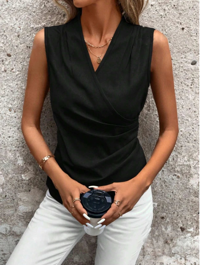 Women Sleeveless V Neck Wrap Blouse Side Ruched Asymmetric Hem Slim Casual Tank Top Elegant Office Daily Black Vest Shirt