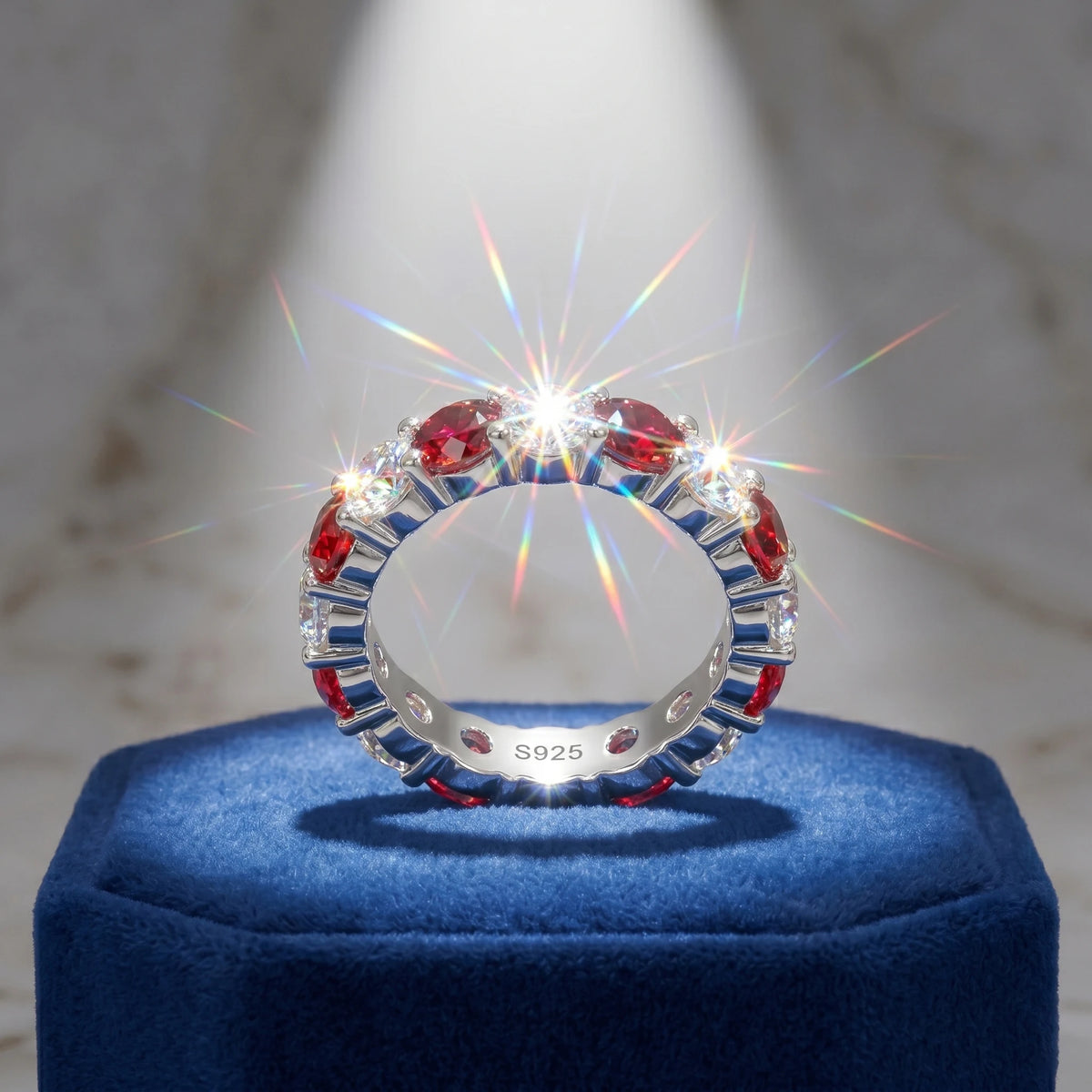 Moissanite Ring, 925 Sterling Silver, Lab Ruby & Moissanite Mixed, Full Pave, Jewelry Gift, Women's, Pass Diamond Tester
