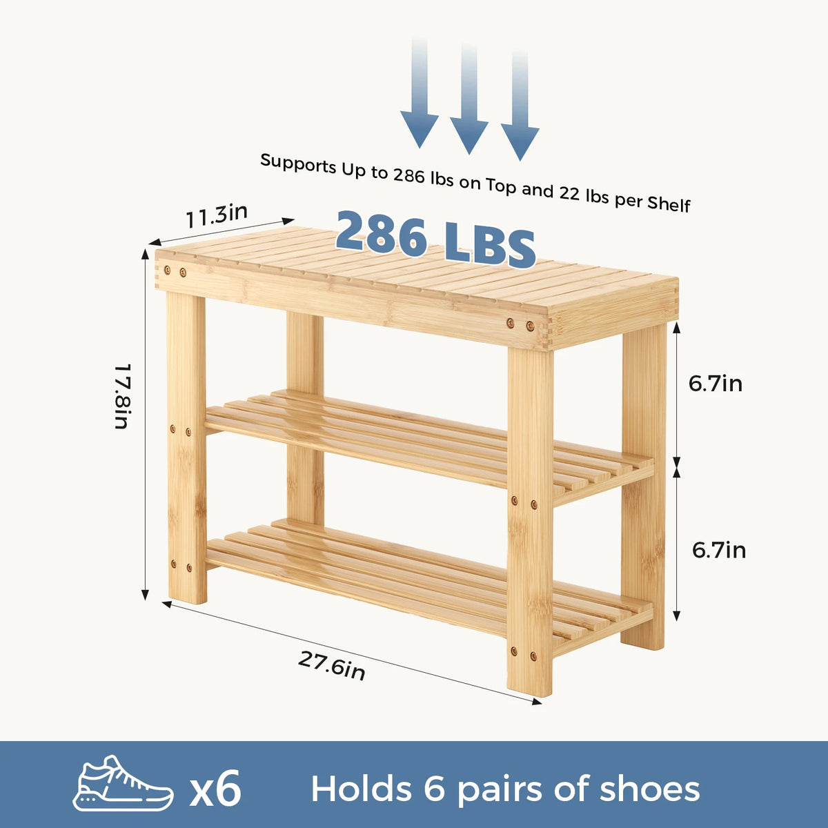 MCQ 3 Tier Wood Shoe Cabinet 27 Inches Bamboo Shoe Rack Storage Bench for Entryway 286 LBS Capacity For Entrance Living Room Bedroom