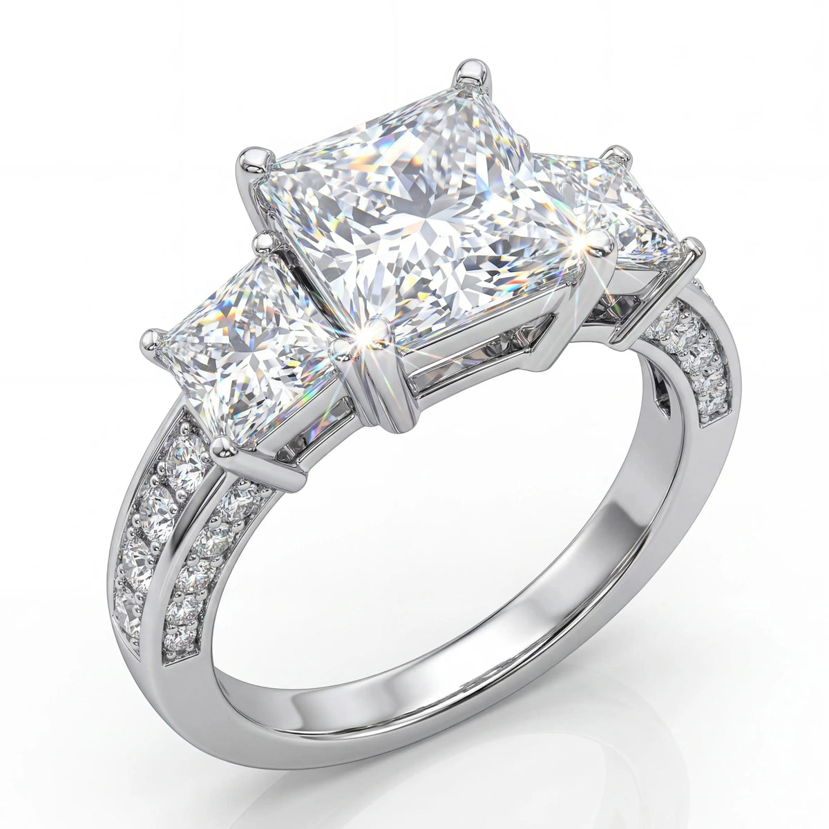 Princess Cut Three Stone Moissanite Ring, S925 Silver, D Color VVS1, 3ct, Hip Hop, Unisex, Passes Diamond Tester