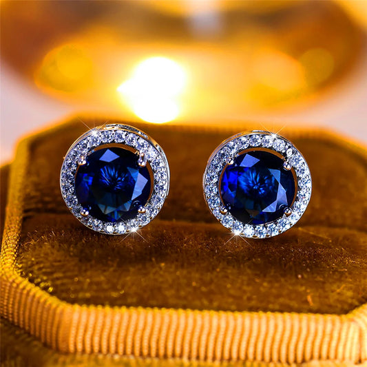 Luxury Female Crystal Purple Blue Green Round Stud Earrings Silver Color Wedding Jewelry For Women