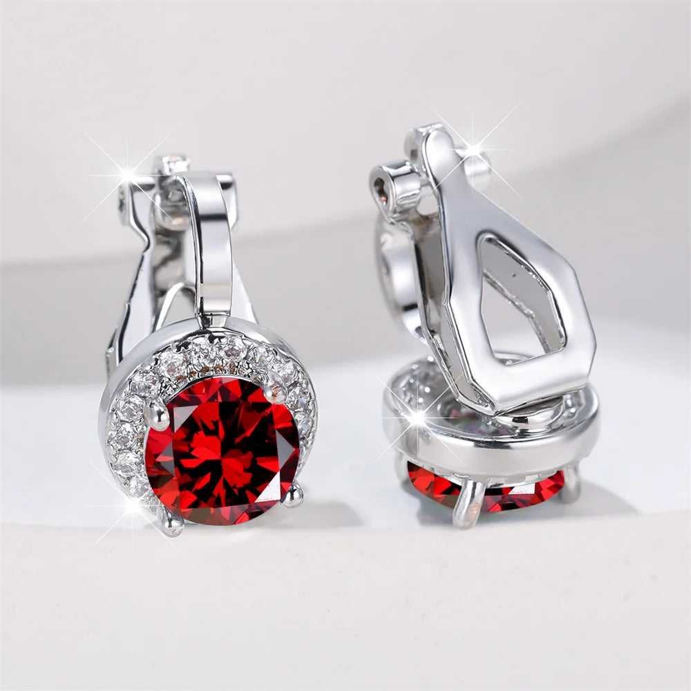 Mystic Rainbow Crystal Round Stone Clip Earrings For Women Rose Gold Silver Color Multicolor Zircon Jewelry Simple Fashion Gifts