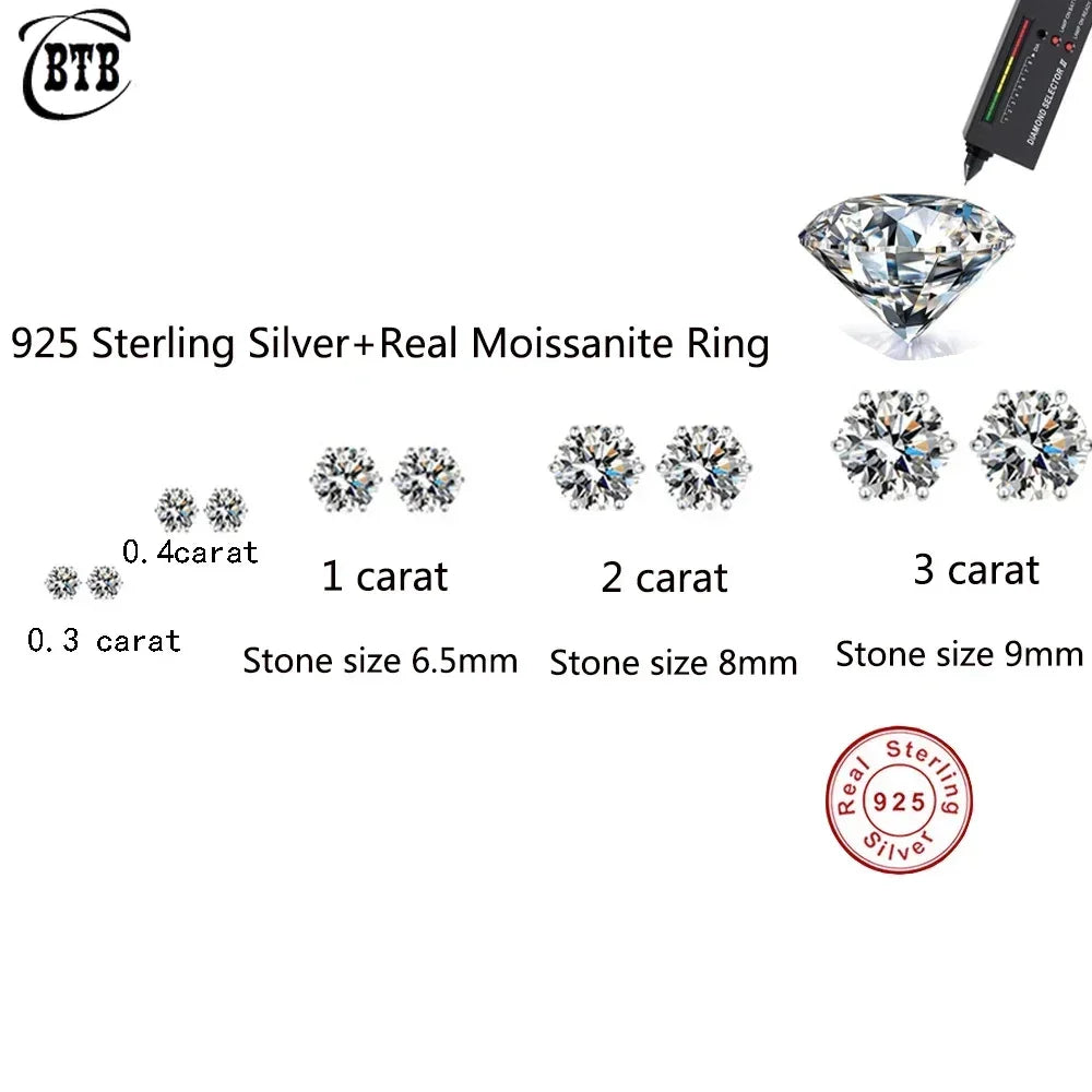 Cbtb 925 Sterling Silver GRA Certified 0.5-3CT Real Moissanite D Color VVS1 Six-jaw Stud Earrings Women Wedding Band Jewelry