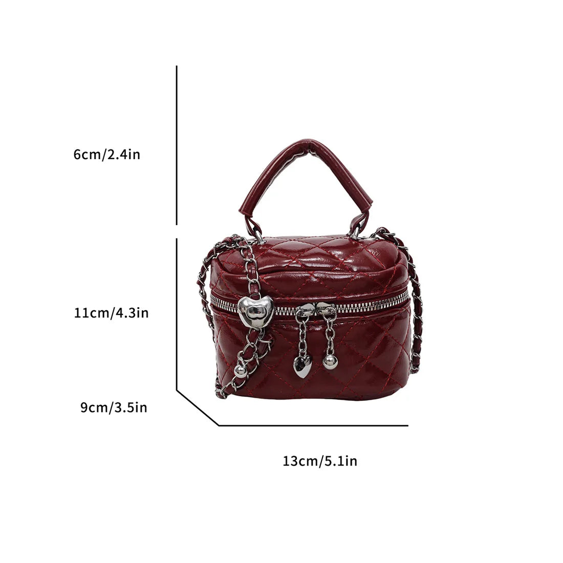 Mini Box Crossbody Bag, Silver Quilted Metallic Purse with Chain Strap, Top Handle & Heart Charm, Women's Evening Clutch