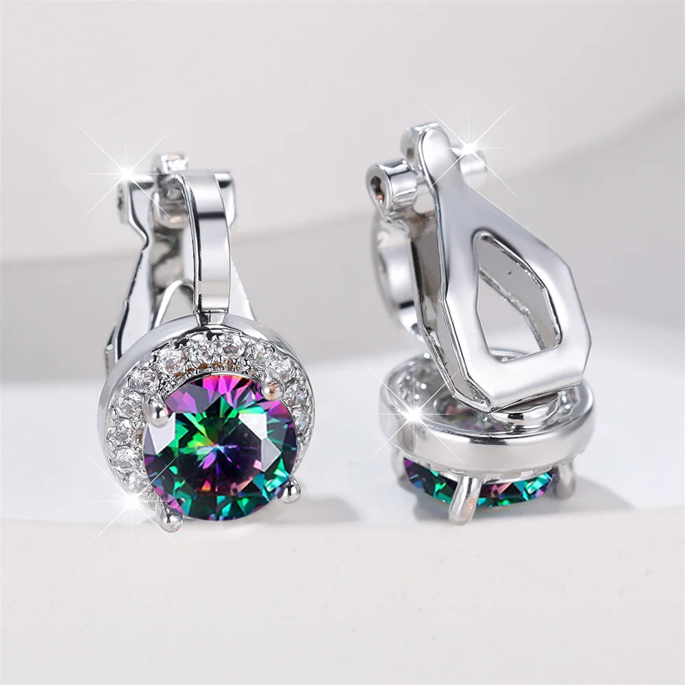 Mystic Rainbow Crystal Round Stone Clip Earrings For Women Rose Gold Silver Color Multicolor Zircon Jewelry Simple Fashion Gifts
