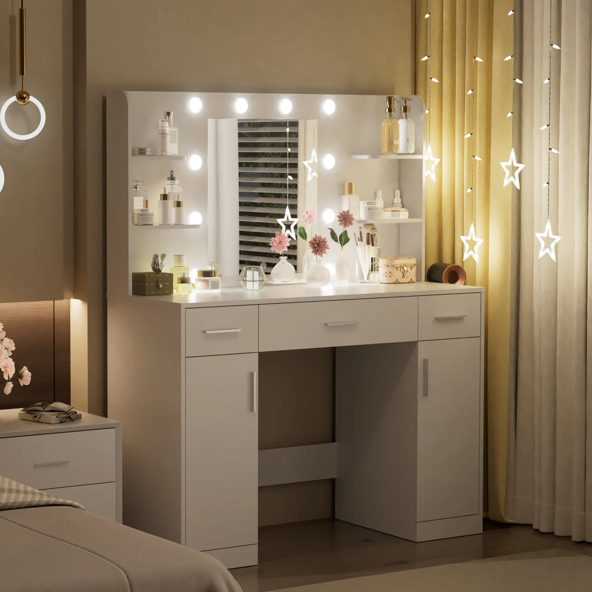 JHK Desser For Bedroom Vanity Desk with Mirror and Lights Adjustable Brightness with 2 Storage Cabinets 3 Drawers 6 Shelves