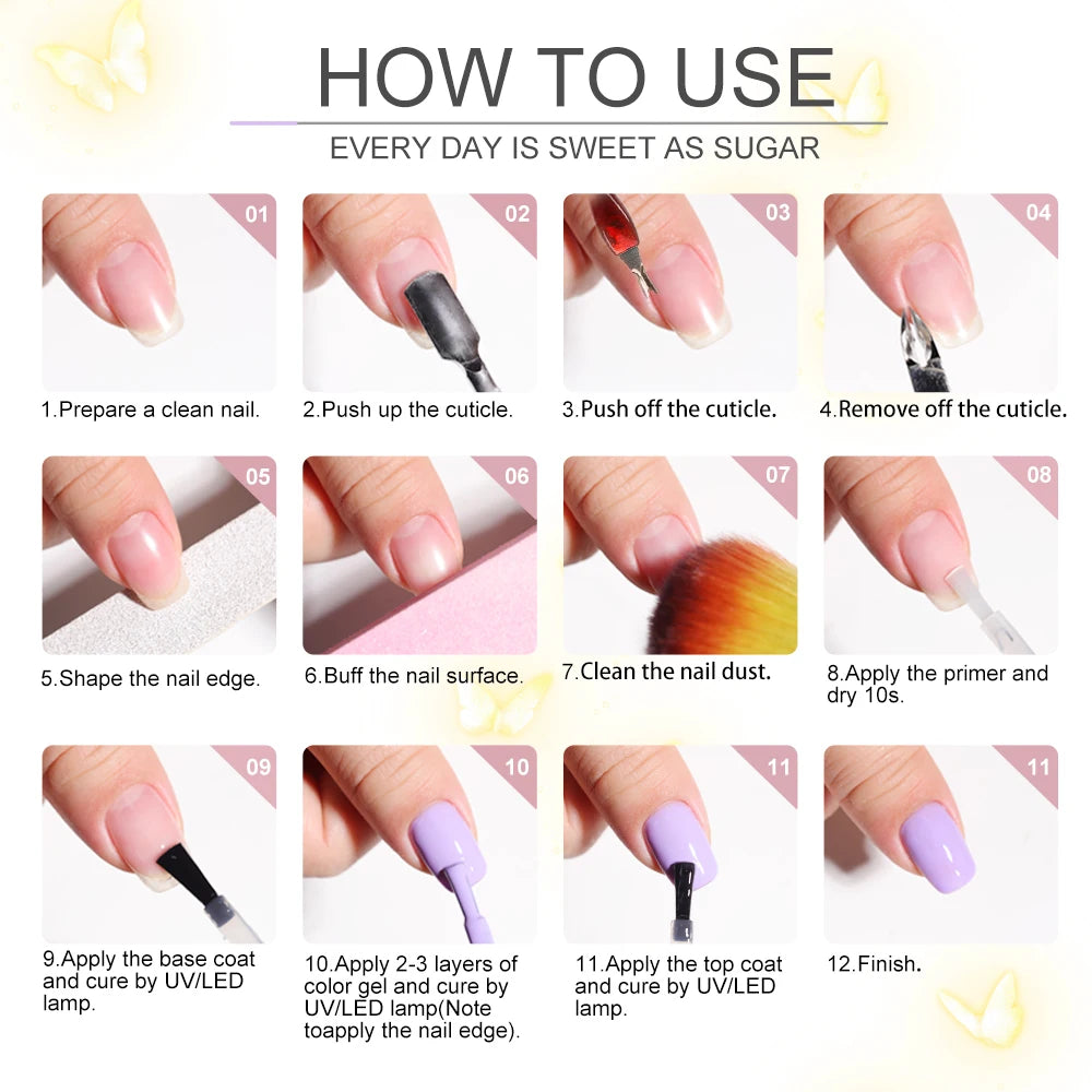 LIMEGIRL Nail Gel Polish Kit 10PCS Glitter Art Gel with Base Coat Top Coat and Quick Drying UV Lamp for Manicure Salon Supplies Tools