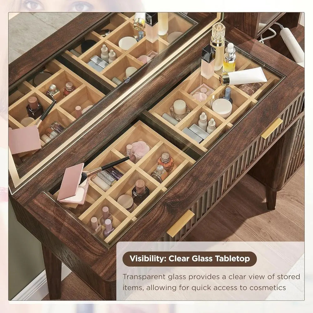 T4TREAM 48" luted Makeup Vanity Desk with Large 36" Mirror and Lights, ern Glass Top Big Vanity Table w/5 Ders & Adjustable Shel