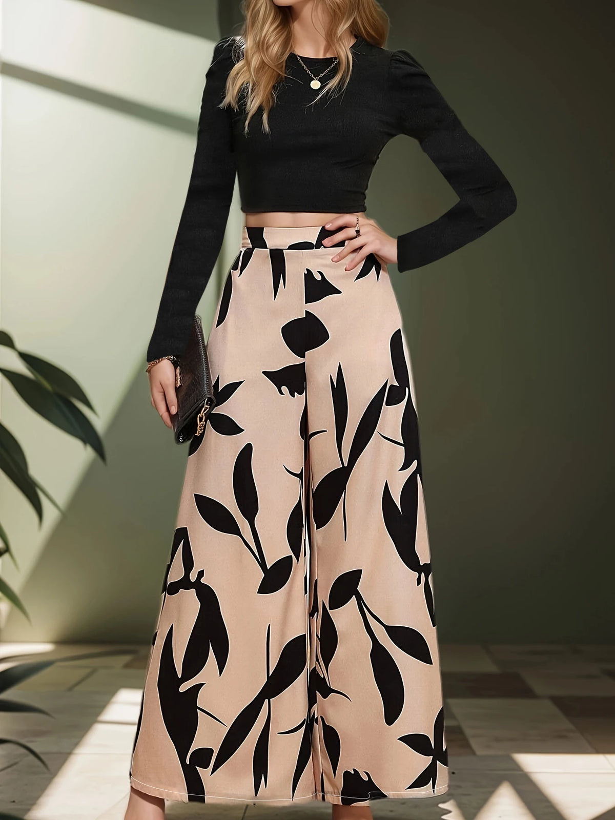 Women's High Waist Floral Print Wide-Leg Pants Loose Casual Long Pants Elegant Office Streetwear